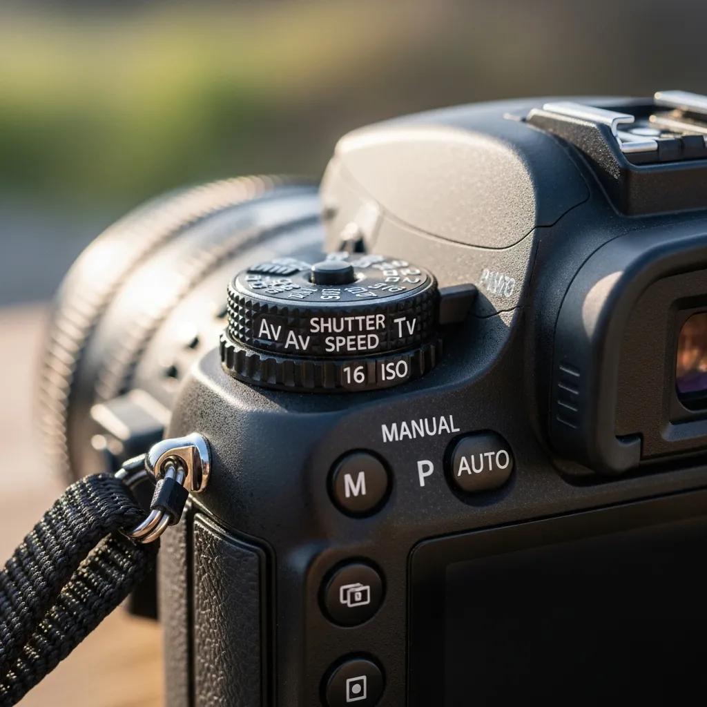Close-up of a camera dial — demonstrating aperture, shutter speed and ISO