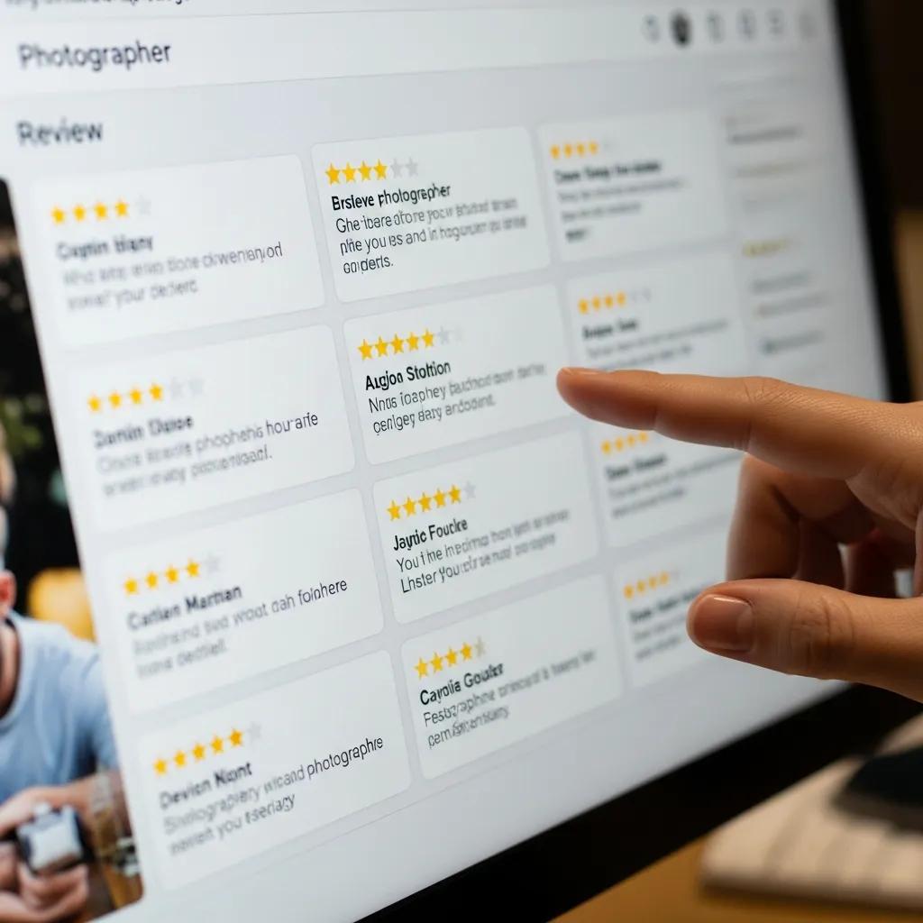 Close-up of a computer screen displaying authentic online reviews for a photographer