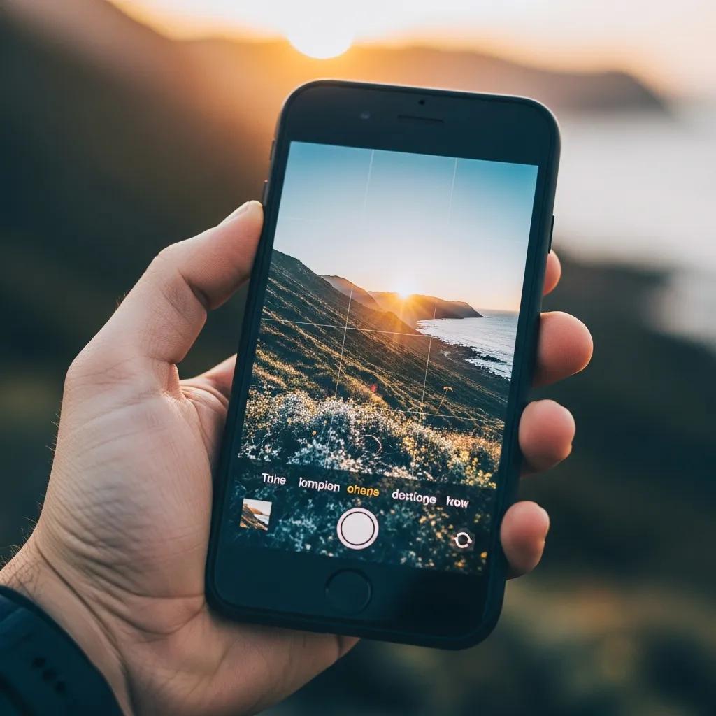Close-up of a smartphone showing a bright, vertical photo in an outdoor scene