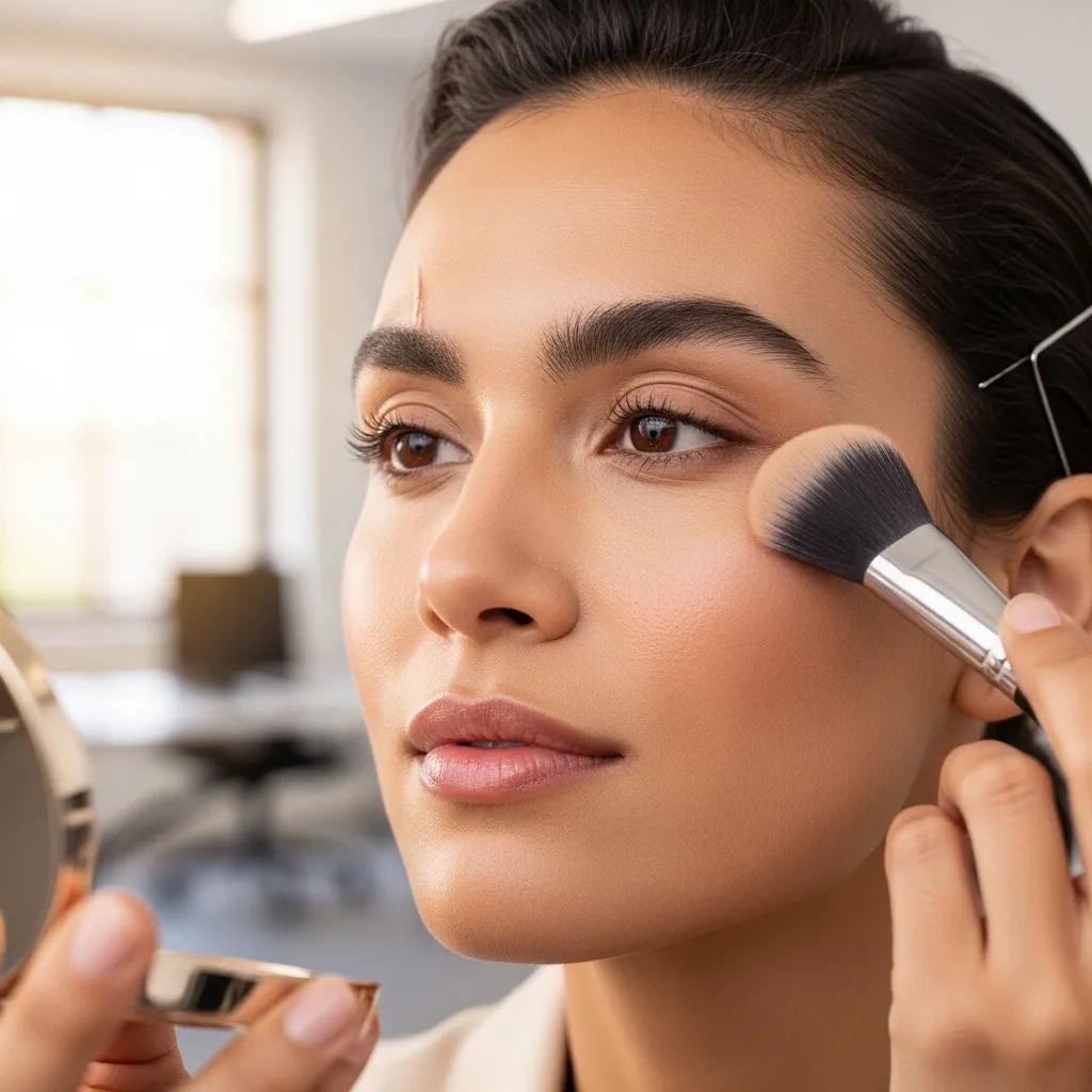 Close-up of someone applying makeup to prepare for a professional headshot