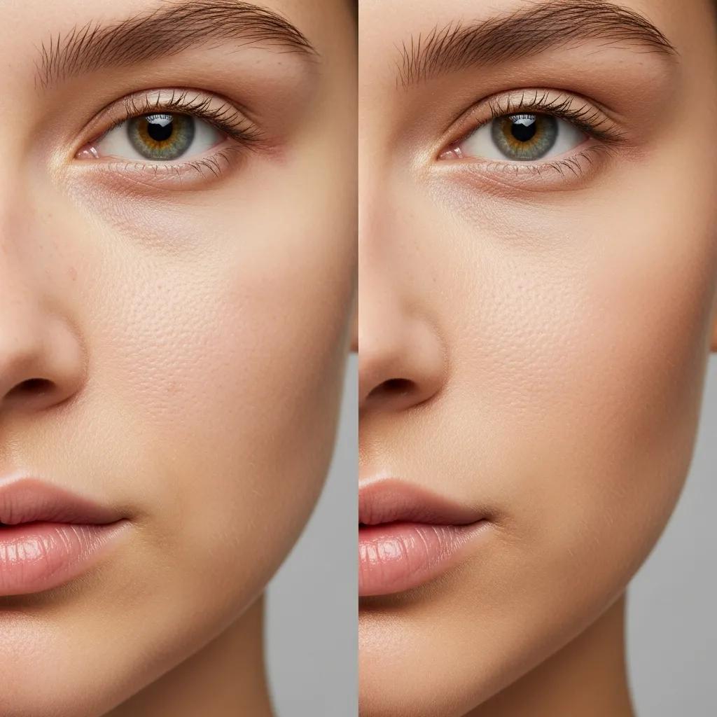 Close‑up example showing frequency separation used to keep skin texture while evening skin tone