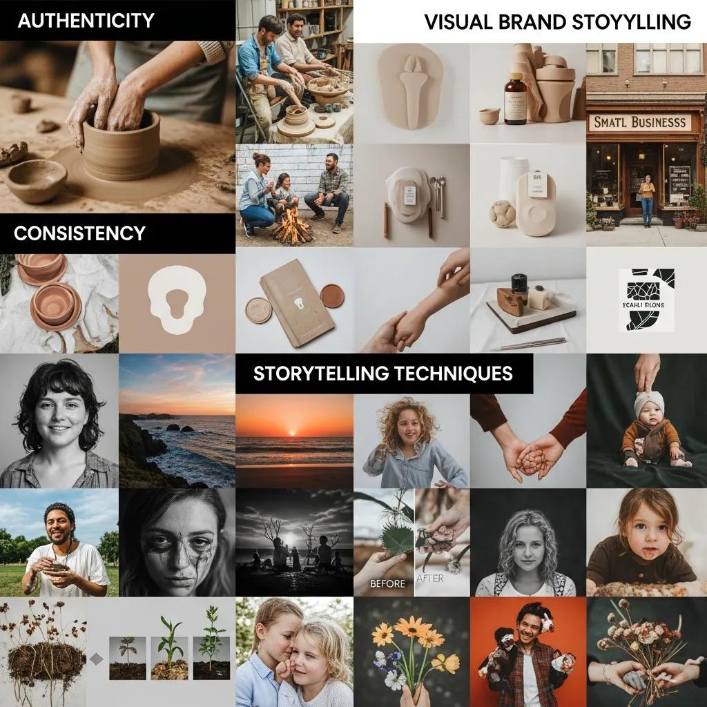 Collage showing authenticity, consistency, emotion and storytelling techniques in brand photography