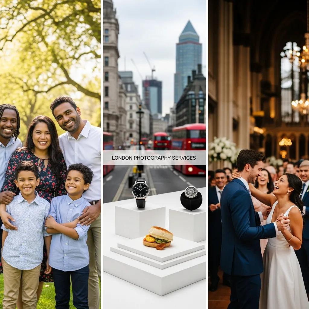 Collage showing portrait, commercial and event photography examples from London shoots