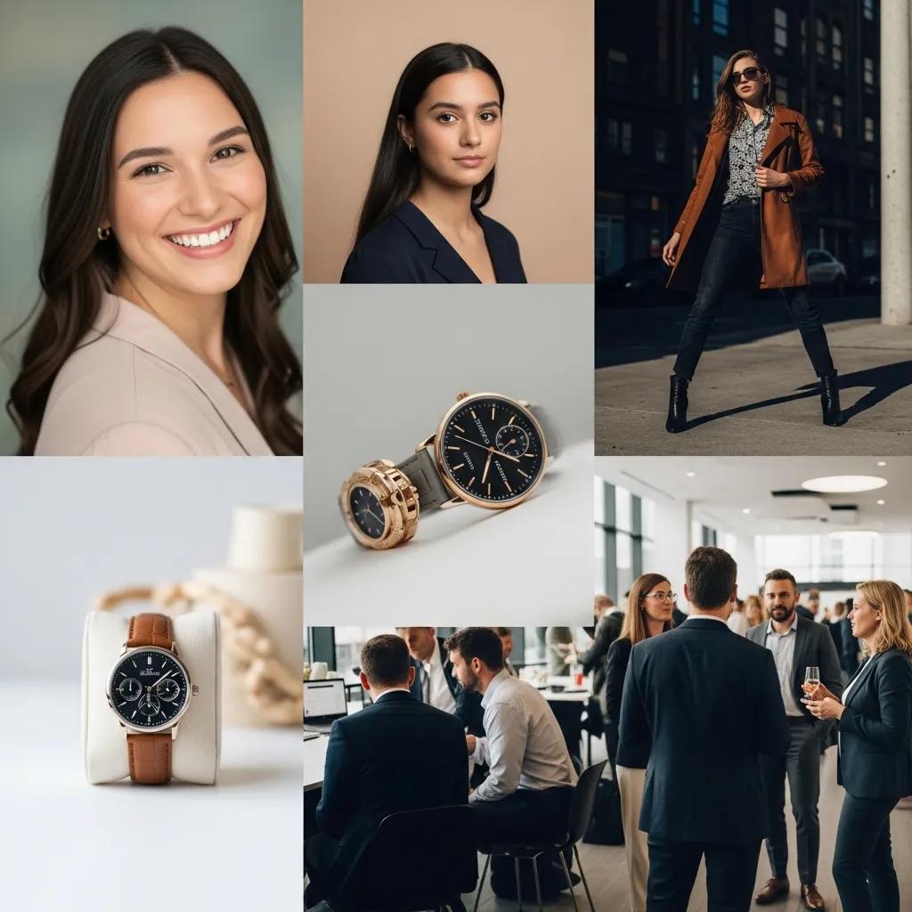 Collage showing headshots, fashion portfolio, product photography and corporate imagery