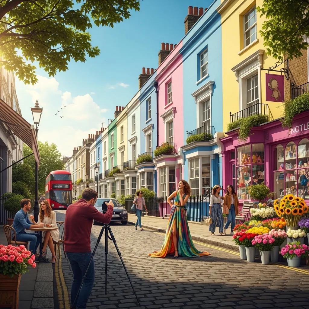 Notting Hill street with pastel houses and a photographer shooting a model, highlighting colourful and characterful backdrops