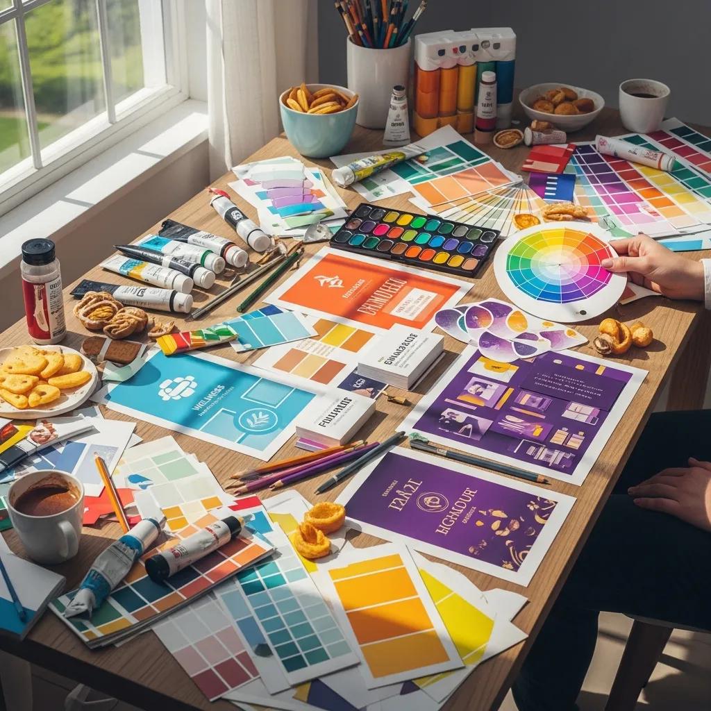 Colorful workspace with paint swatches and branding materials illustrating the impact of color psychology in visual branding