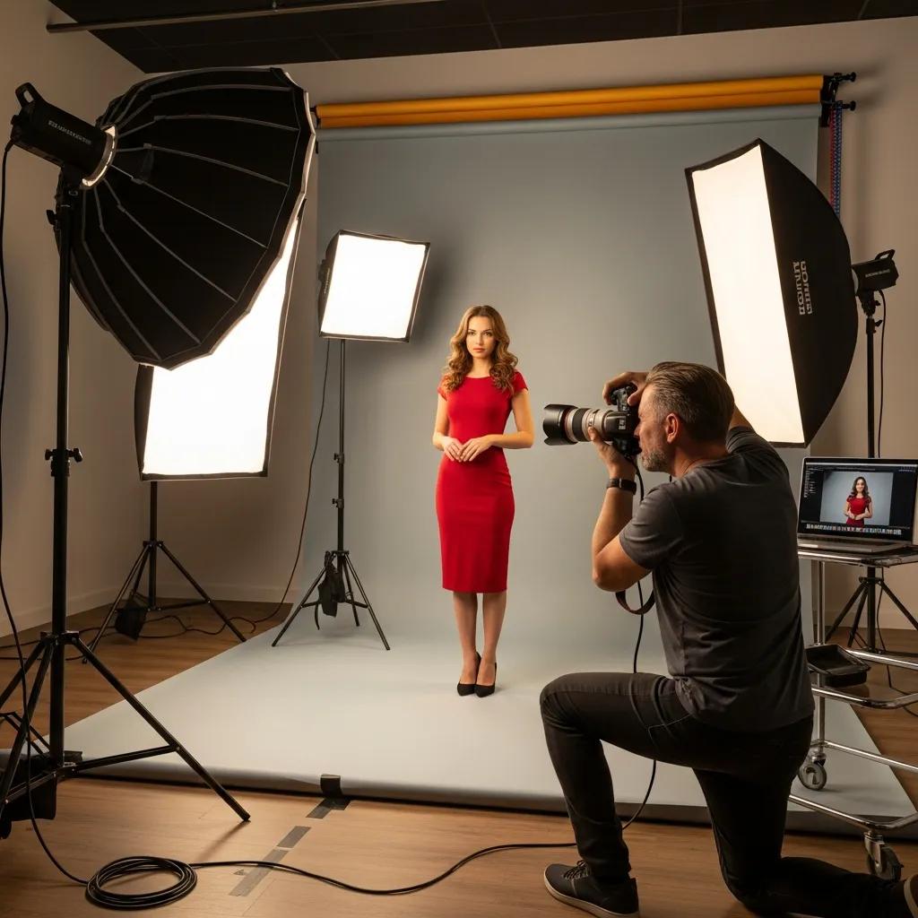 Commercial photographer capturing a model in a studio, highlighting the essence of photography law