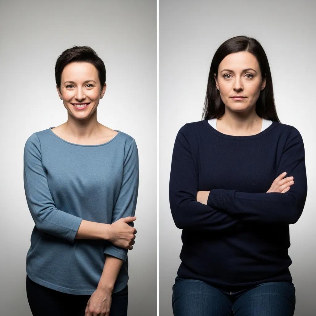 Side-by-side comparison showing open, confident poses versus closed, guarded poses for headshots