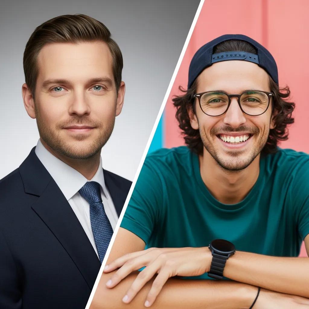 Comparison of corporate and casual headshots highlighting professional and relaxed styles