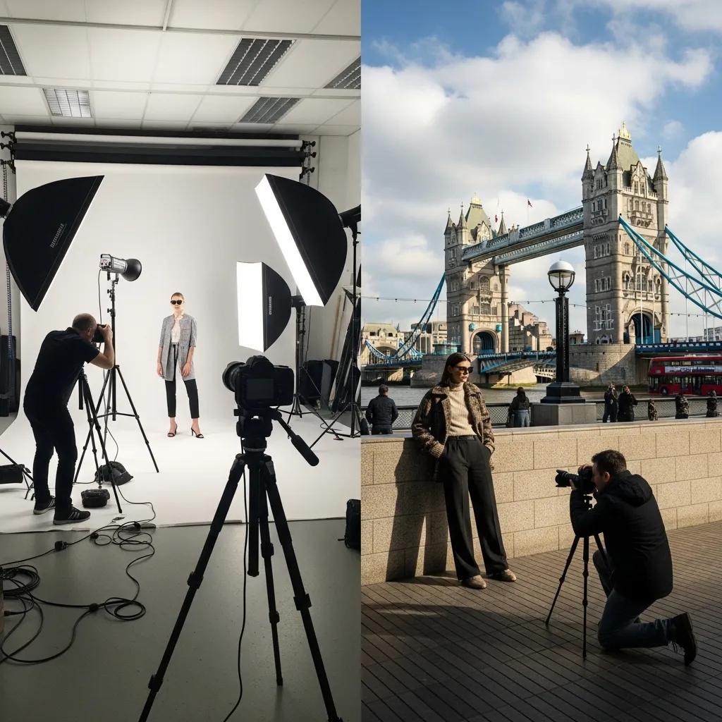 Side-by-side: studio shoot with controlled lighting and an outdoor London session using natural light and city scenery