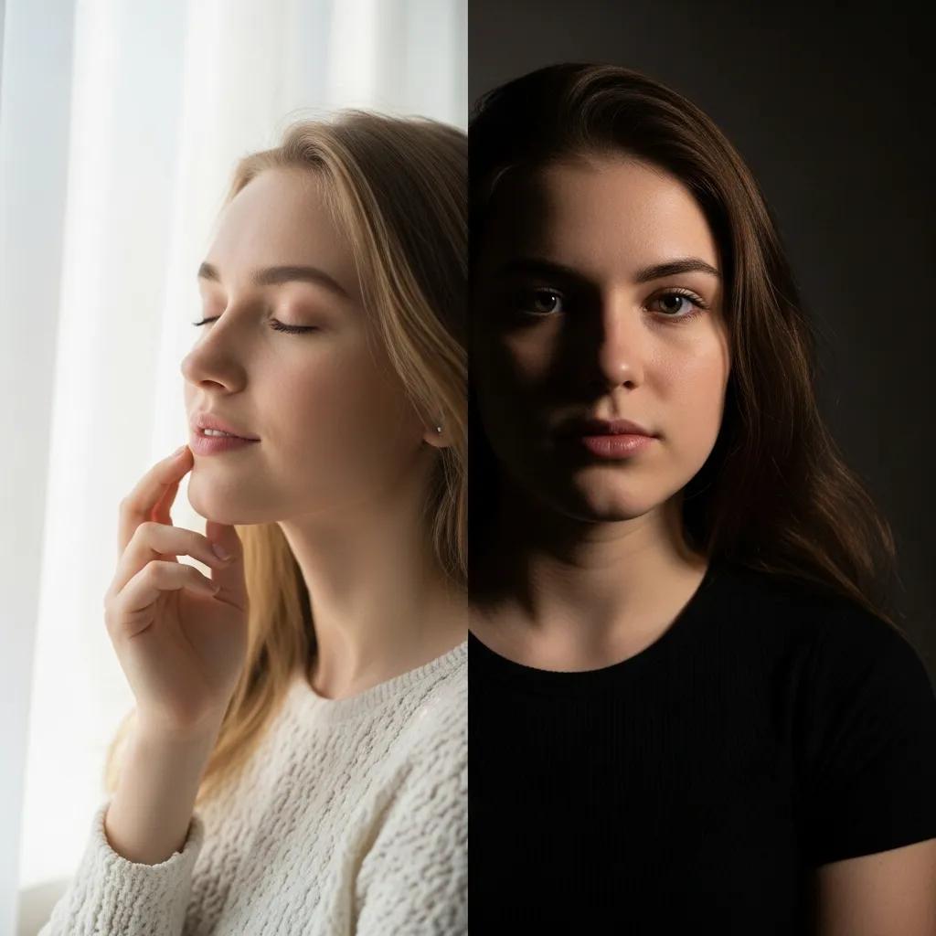 Comparison of soft and hard lighting showing emotional effect in portraits