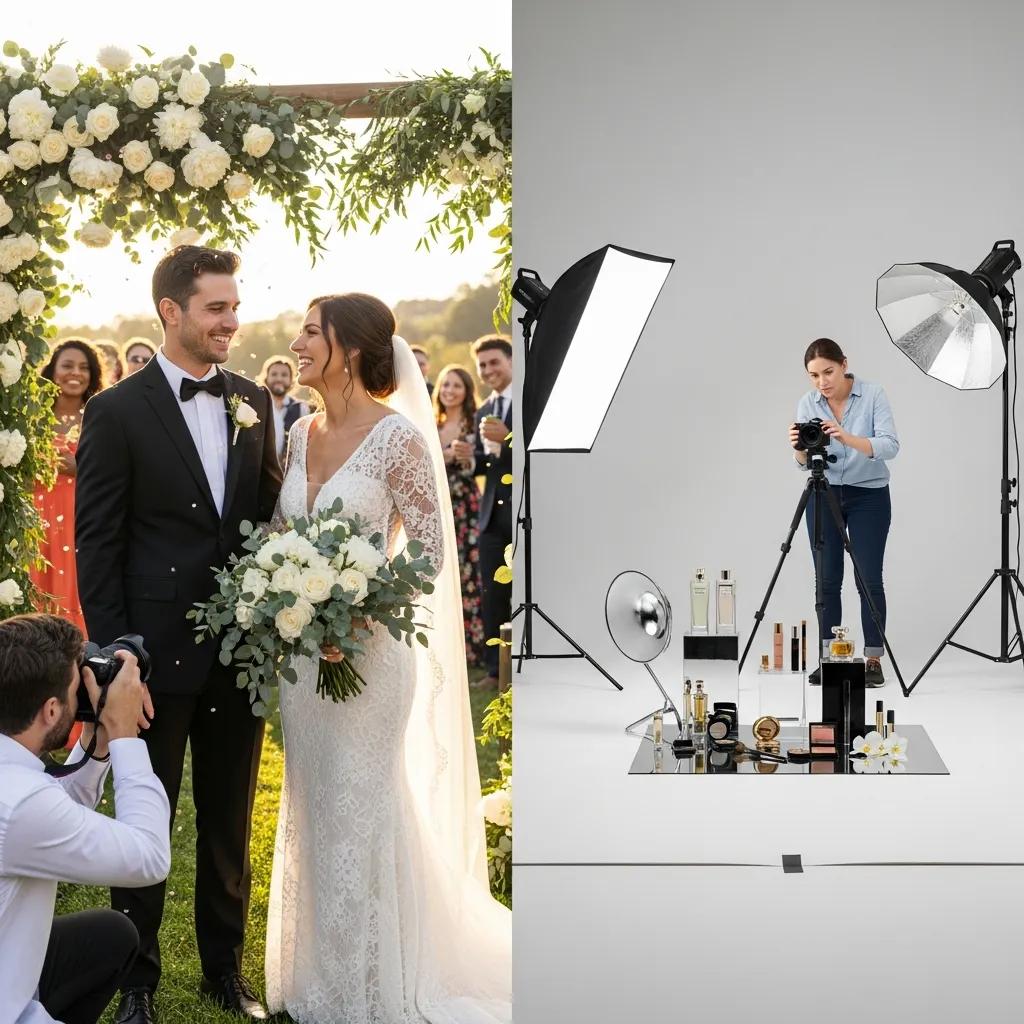 Side-by-side wedding and commercial photography scenes