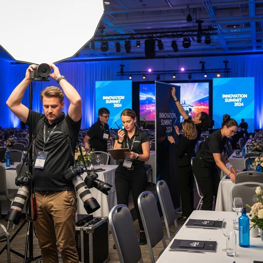 Photographer preparing at a corporate event — coordinating shots and timing