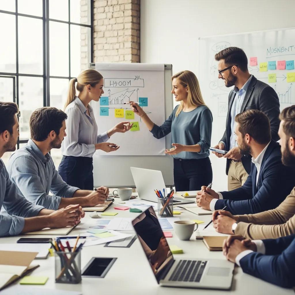 Corporate team brainstorming — dynamic teamwork and collaboration