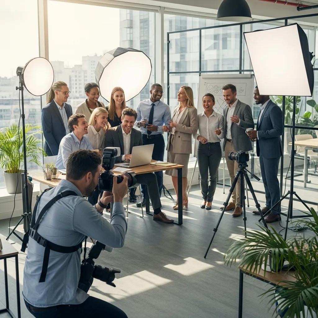 Corporate team photoshoot in a modern office, highlighting professional photography services