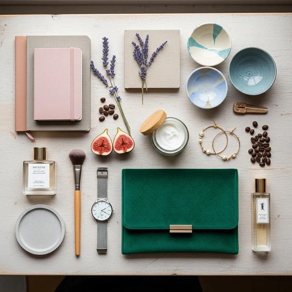 Creative flat lay photography featuring e-commerce products arranged aesthetically on a wooden surface