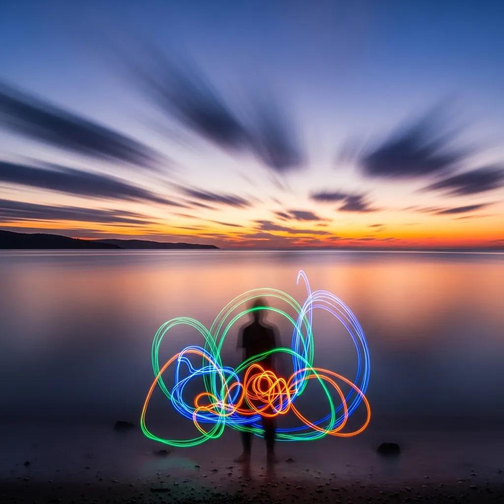 Long‑exposure examples: silky water, streaked clouds and light‑painting experiments