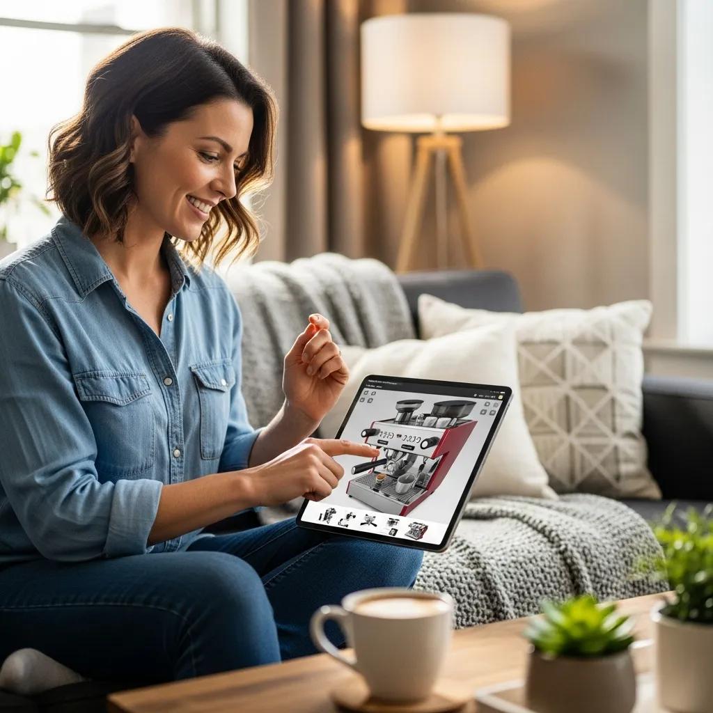 Shopper using a 3D product viewer on a tablet at home