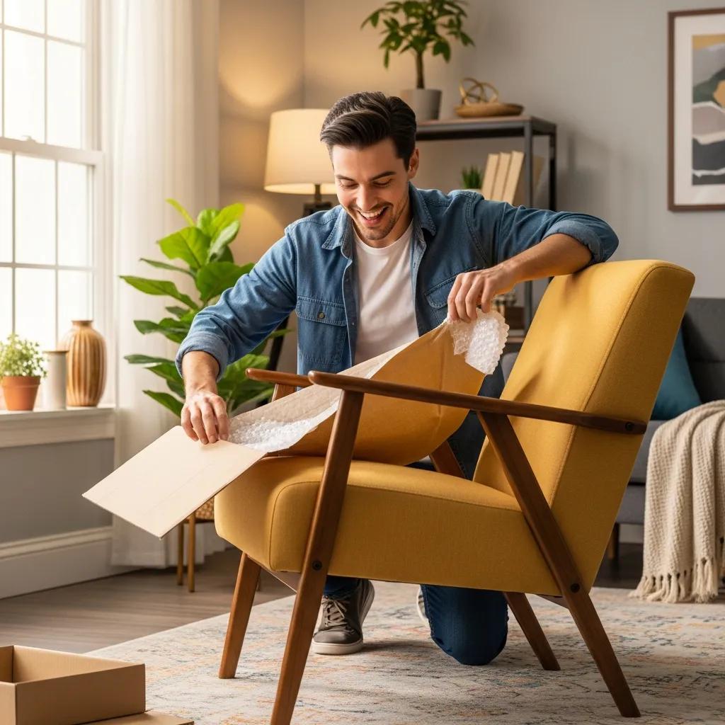 Happy customer unboxing furniture, illustrating satisfaction and fewer returns