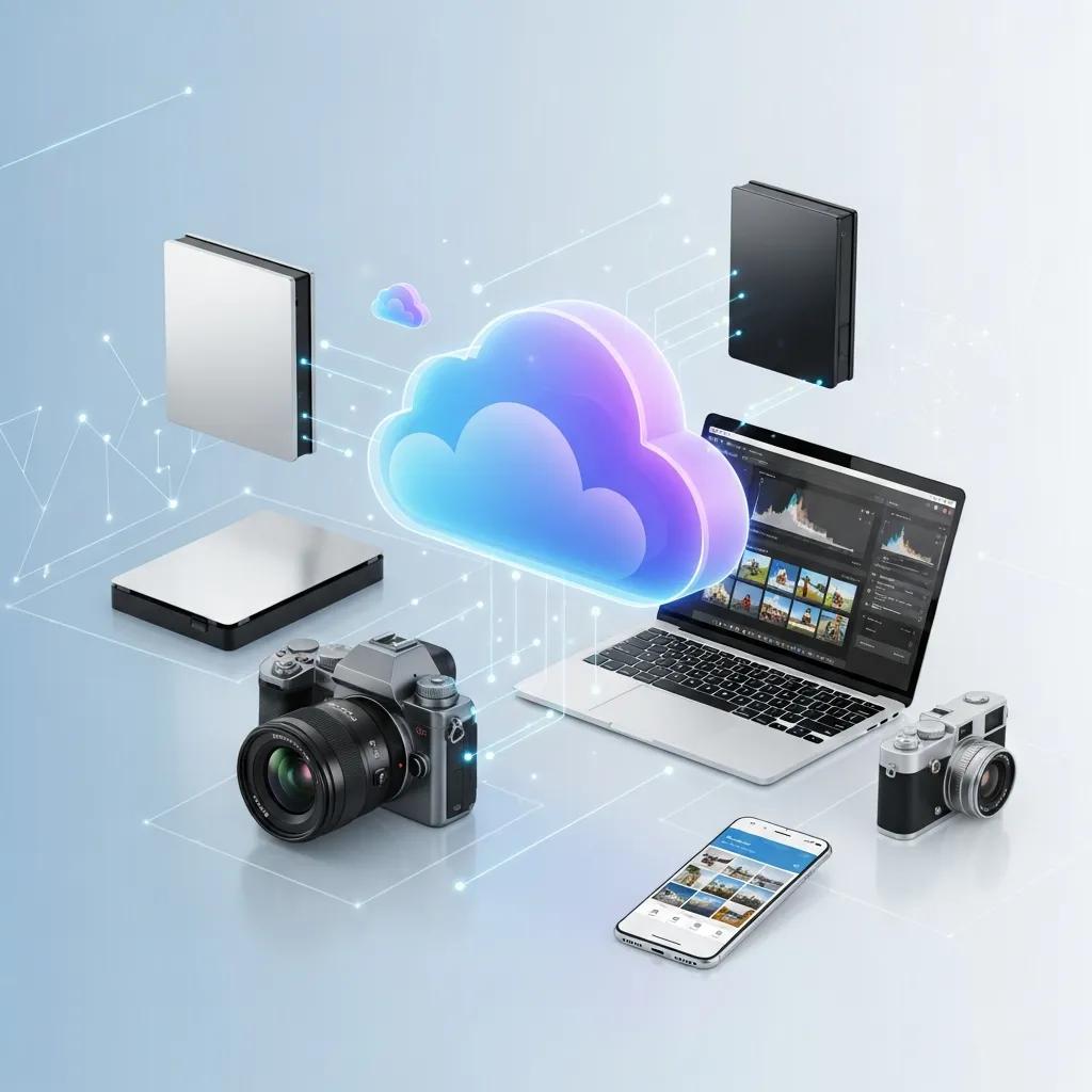Cloud storage concept with camera gear and photo files