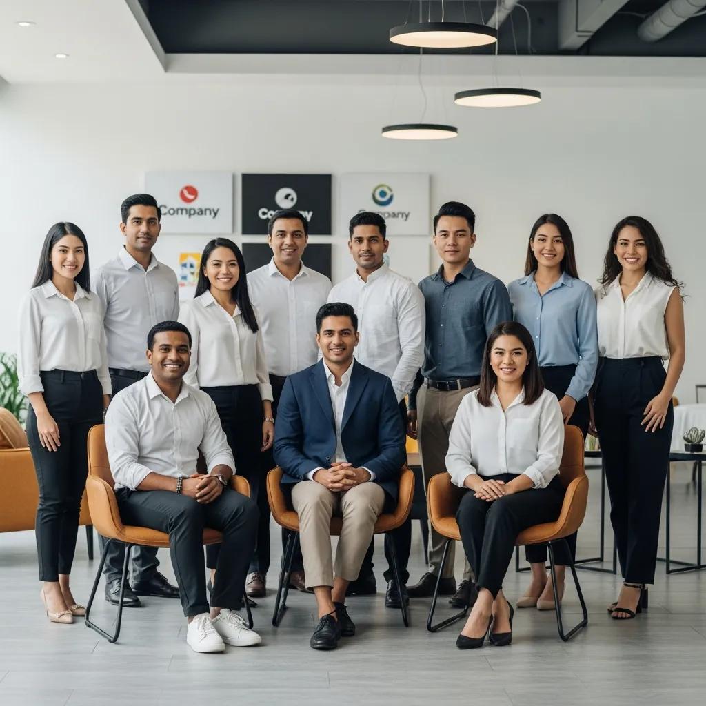 Diverse corporate team photographed together in a branded office, showing unity and professionalism