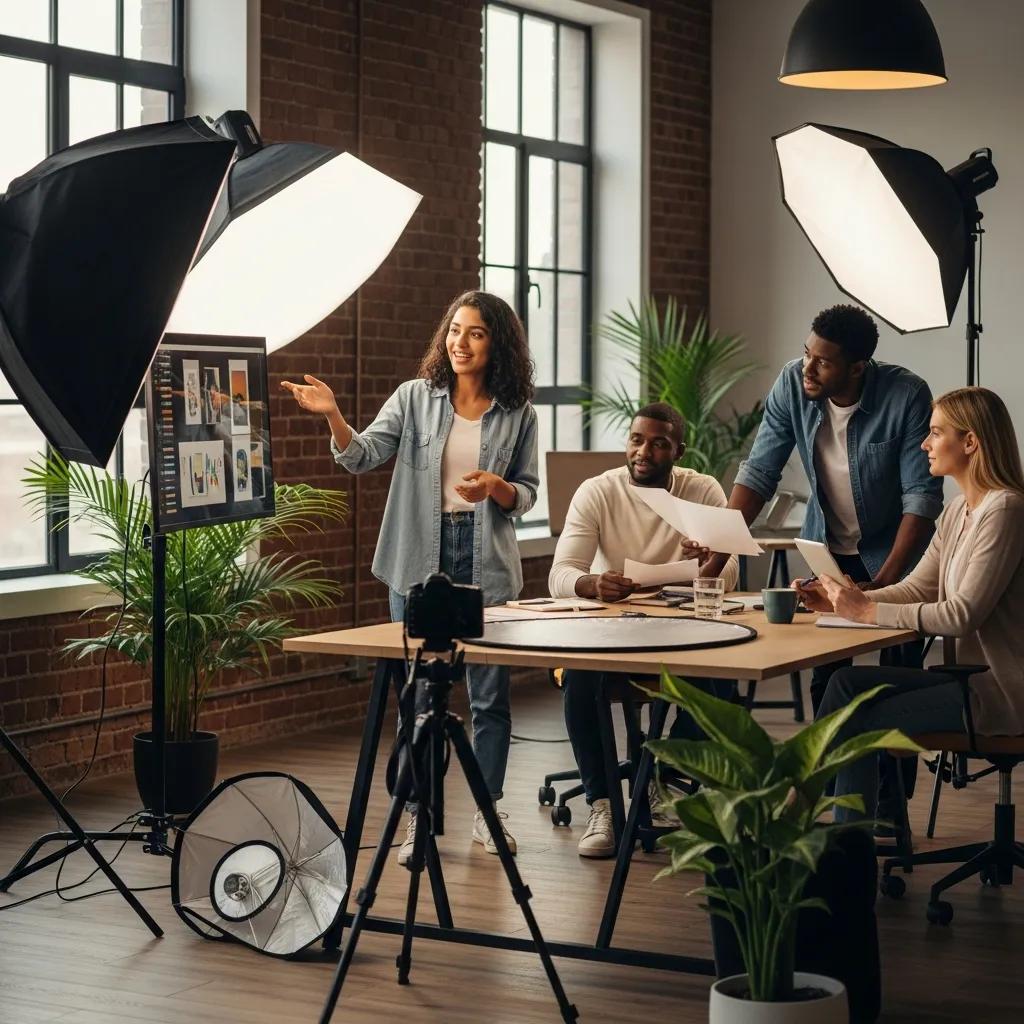 Diverse entrepreneurs collaborating in a modern workspace, emphasizing brand photography for startups