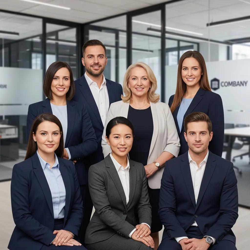 A diverse team posing for corporate headshots in a contemporary office