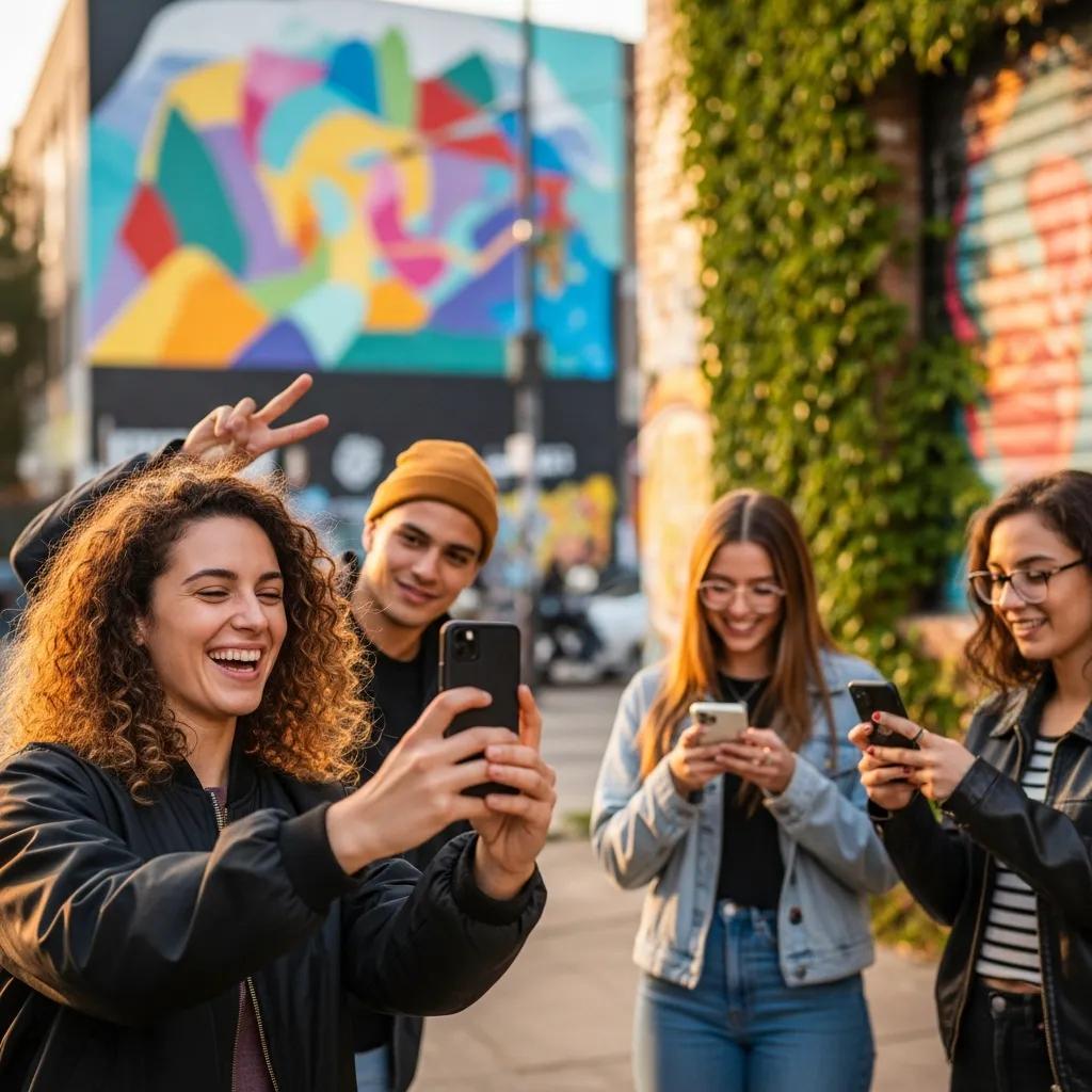 Diverse group of young adults capturing moments with smartphones in an urban environment