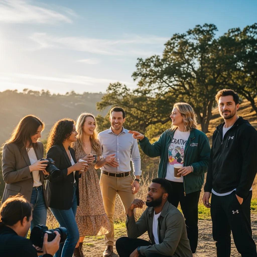 Diverse individuals engaged in a personal branding photoshoot outdoors, showcasing natural light and authentic interactions