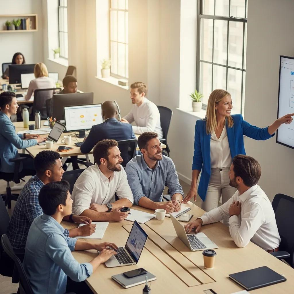 Diverse professionals collaborating in a modern office, showcasing authentic corporate photography