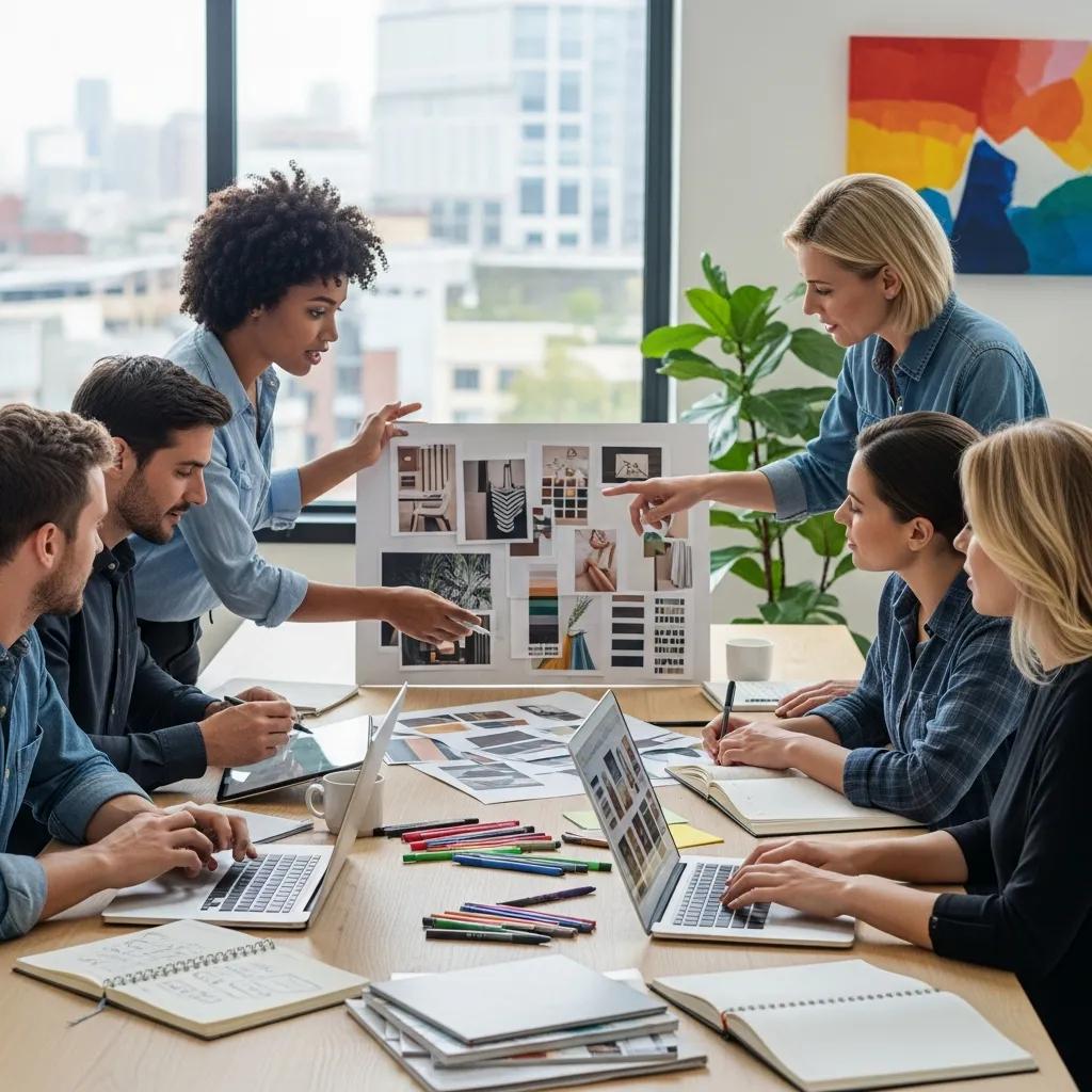 Diverse professionals collaborating on a visual content strategy in a modern office