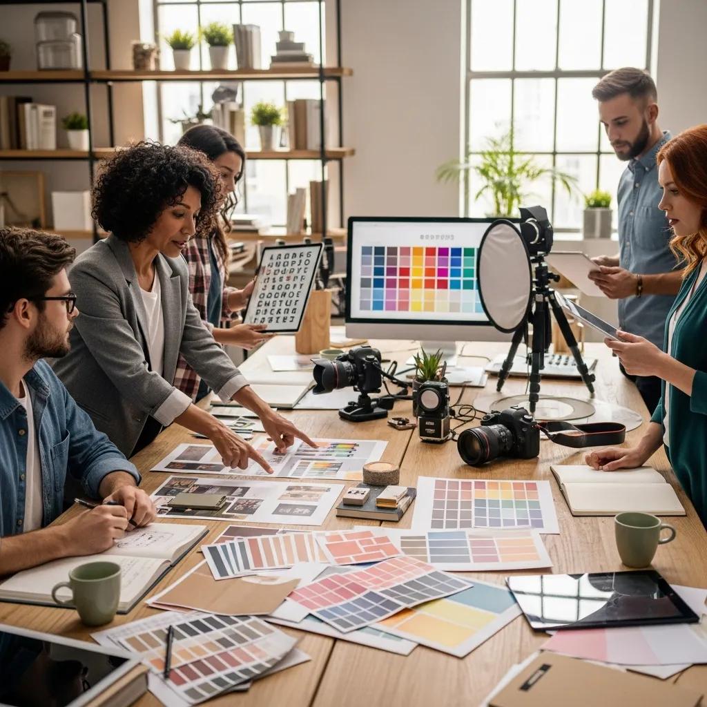 Diverse professionals collaborating on brand visual identity concepts in a modern workspace