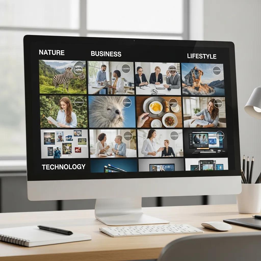 Selection of stock images on a screen — choosing the right licence