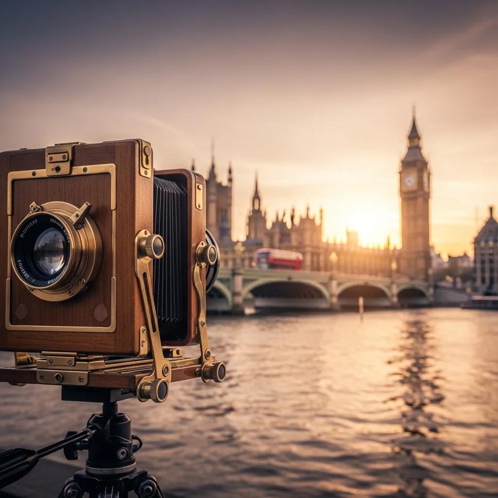 Early photography in London with vintage camera and iconic landmarks