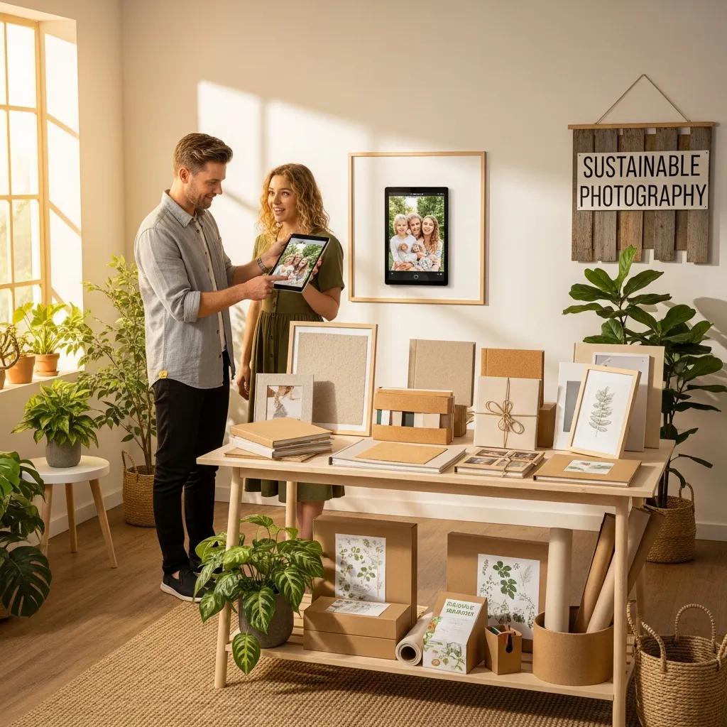 Eco-friendly photography materials and augmented reality techniques in use, highlighting sustainability in photography