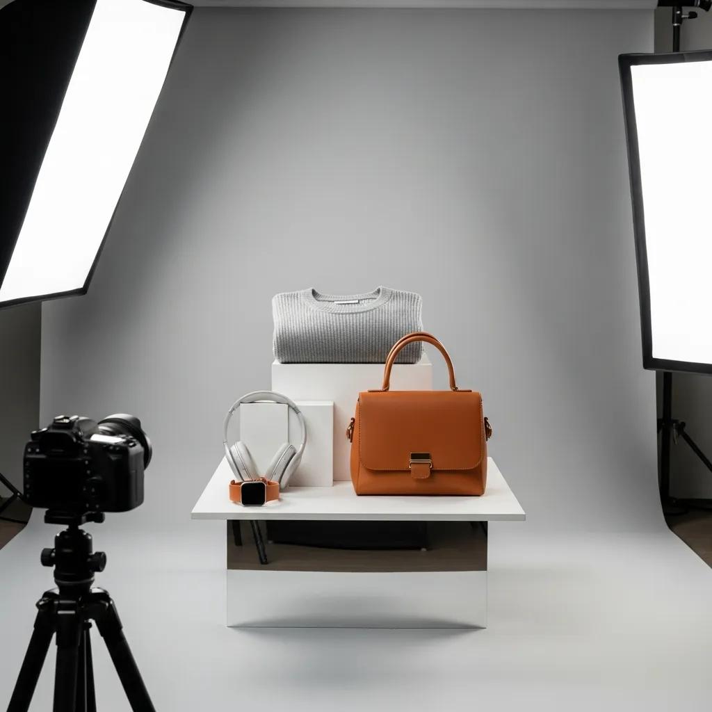 Ecommerce product photography setup with stylish products and soft lighting