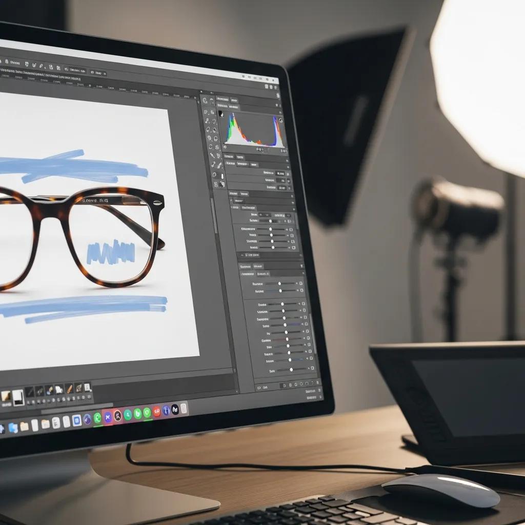 Post-production workspace showing retouching techniques to reduce lens glare and improve clarity