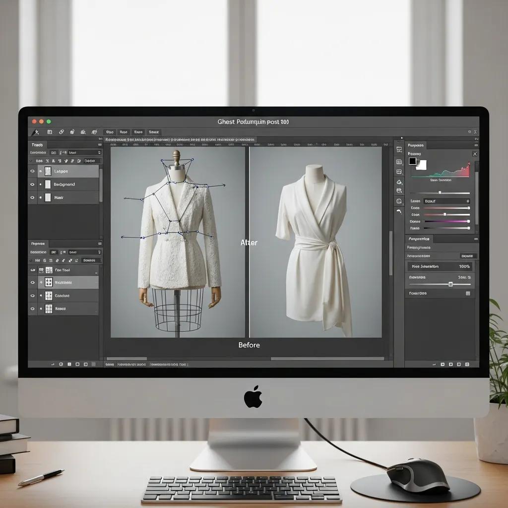 Editing workflow on screen showing the invisible mannequin removal and retouching process