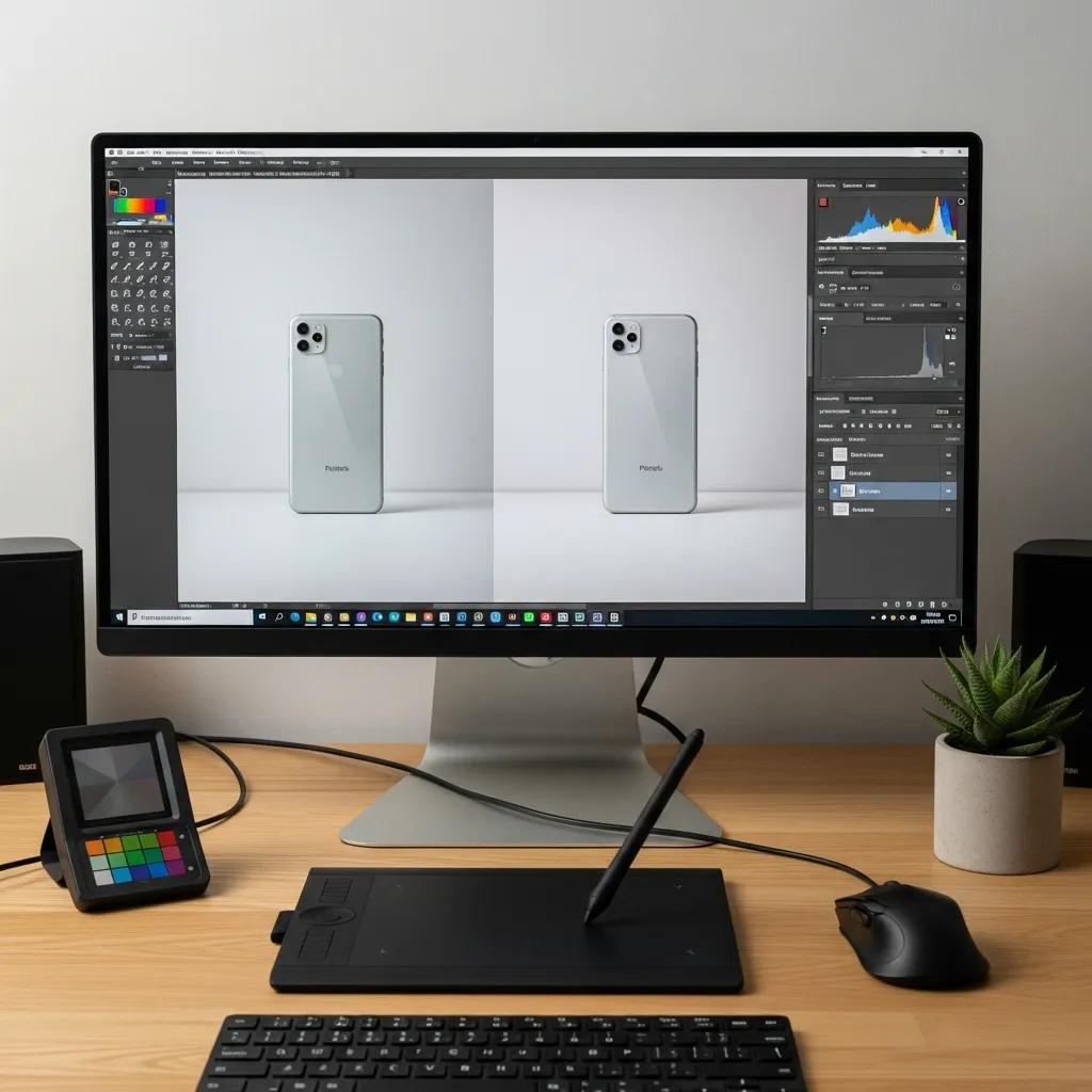 Editing software with colour correction and retouching controls visible