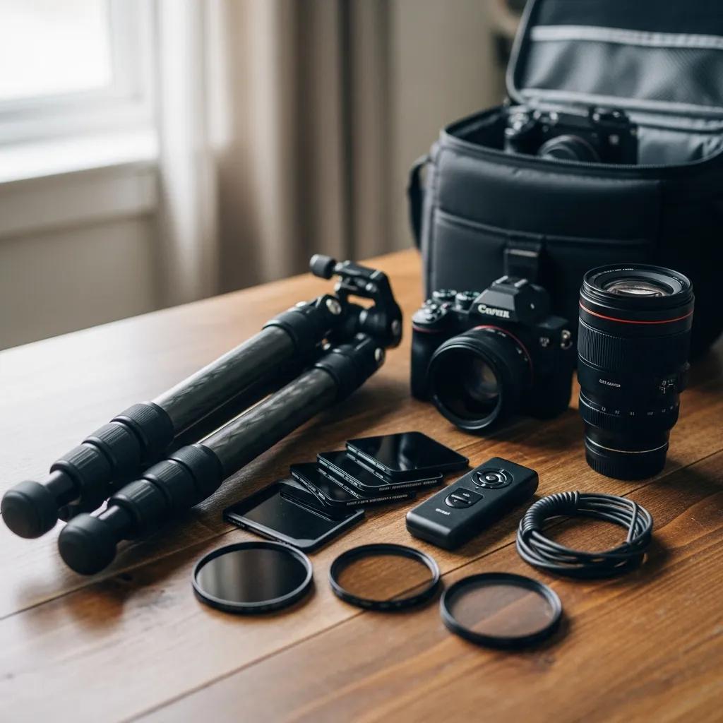 Tripod, neutral density filters and remote shutter release laid out for a long‑exposure shoot