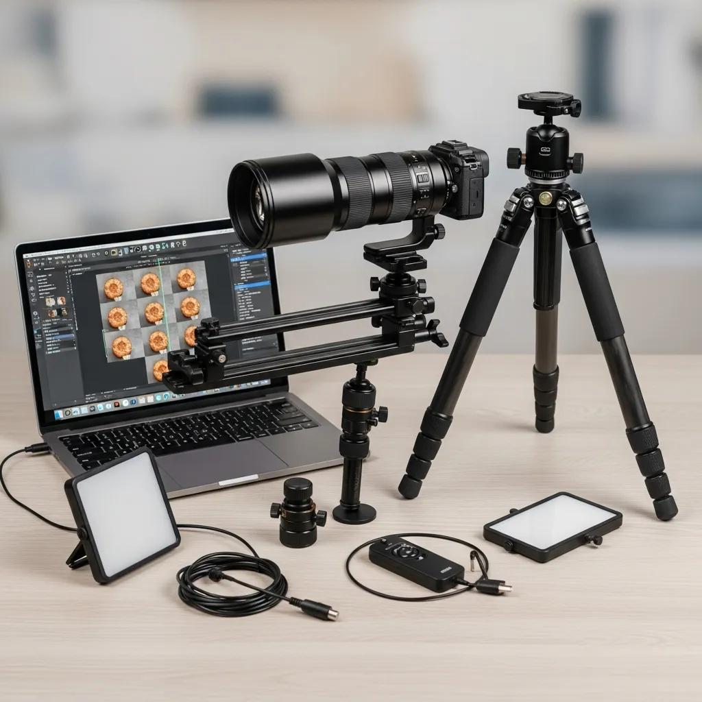Macro kit laid out: macro lens, sturdy tripod and laptop for focus stacking workflow