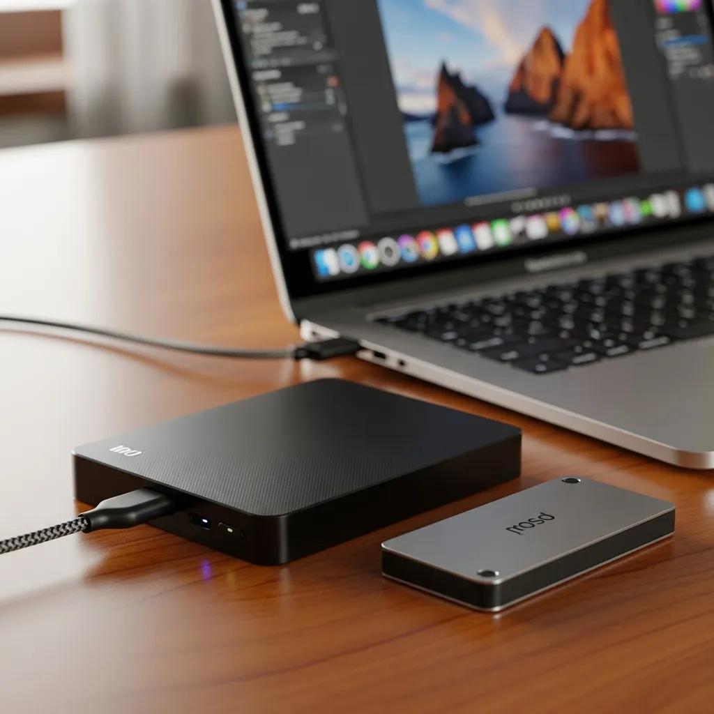External hard drive and SSD on a desk representing local backup options for photographers