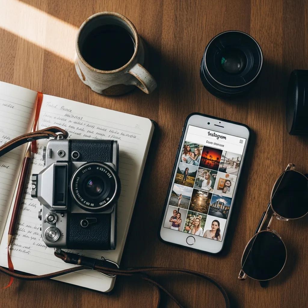 Smartphone showing an Instagram feed with photography work, surrounded by props for creative editing