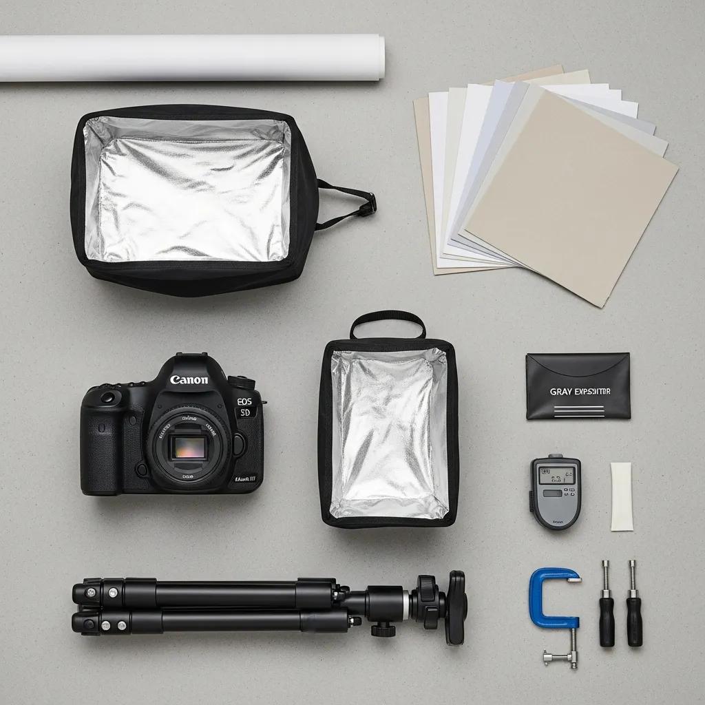 Flat lay: camera, softbox lights, tripod and accessories for ecommerce photography
