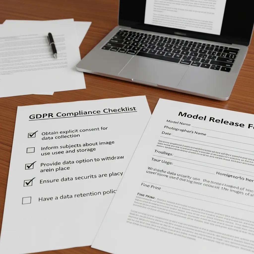 GDPR checklist beside a model release form on a desk
