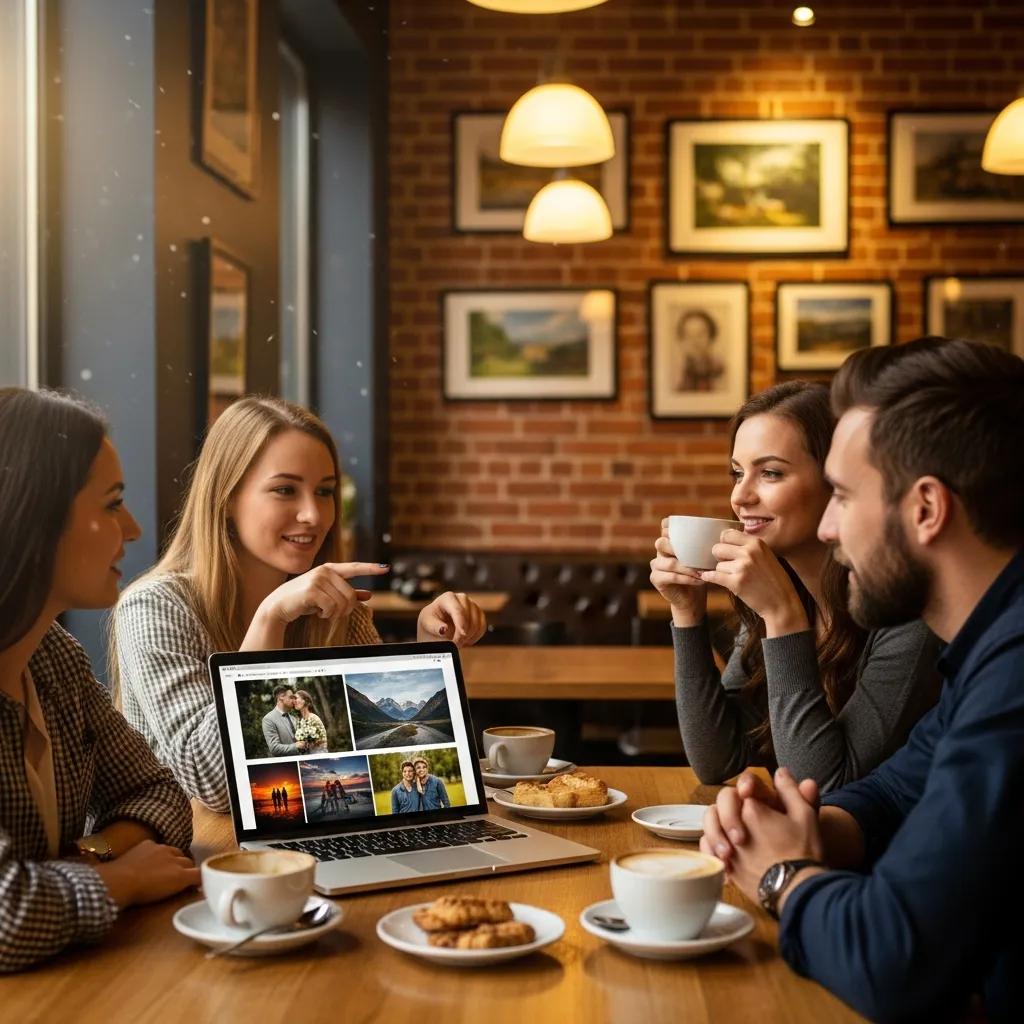 Friends swapping recommendations about local photographers in a coffee shop