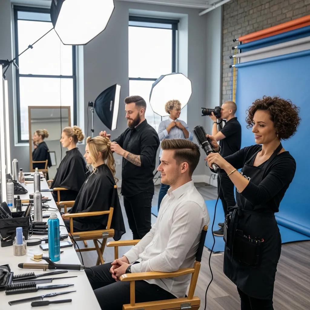 Group of individuals in a salon preparing for professional headshots, highlighting diverse hairstyles and grooming techniques