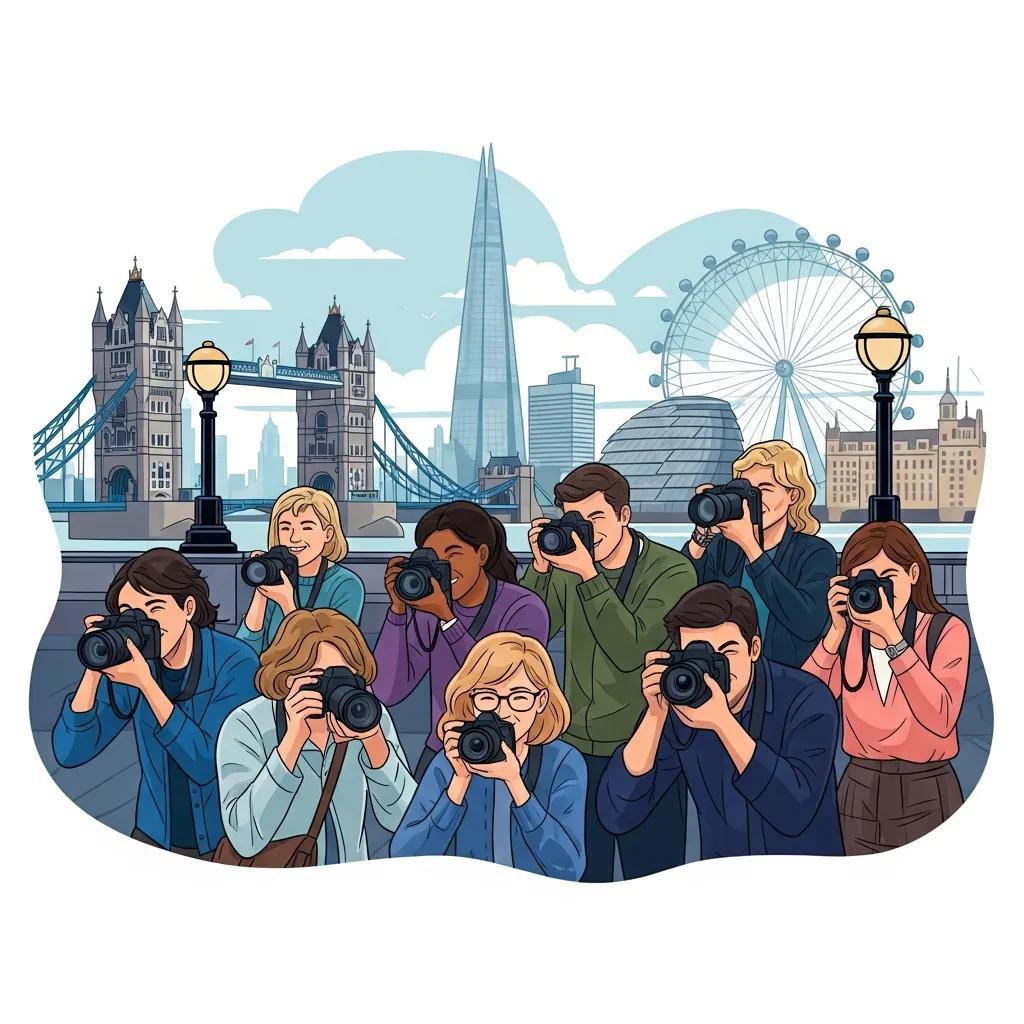 Group of photographers learning in a workshop setting in London with iconic landmarks