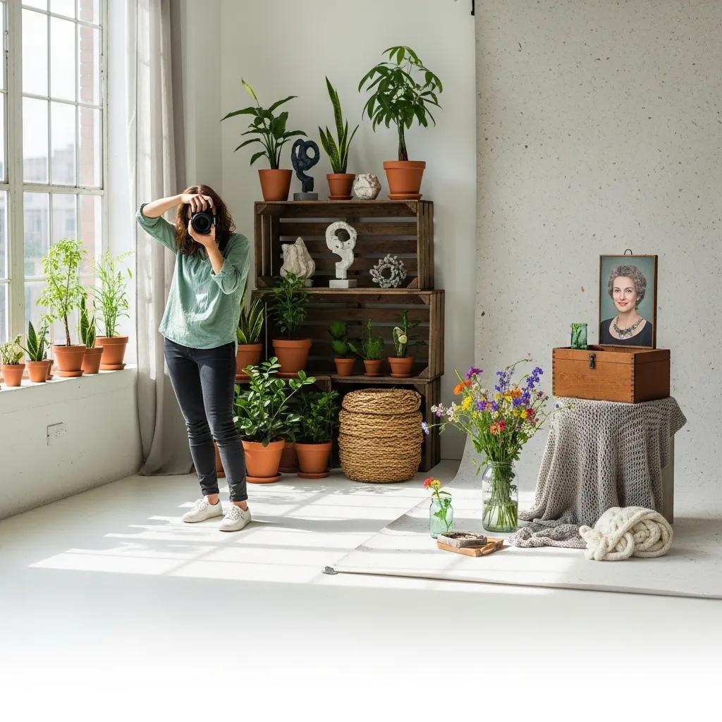 Graphic showing sustainable studio practices like digital workflows and recycled props