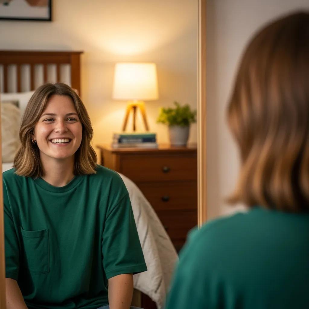 Person practising a warm, genuine smile in front of a mirror